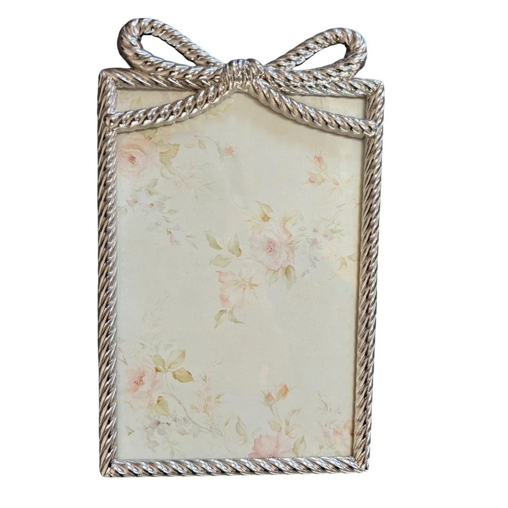Luxe Collection Silver Rope Bow Picture Frame 4x6 Vertical Coquette Decor